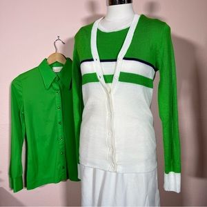 Vintage 1970 Jantzen Kelly Green Dagger collar Sweater set pencil Skirt set